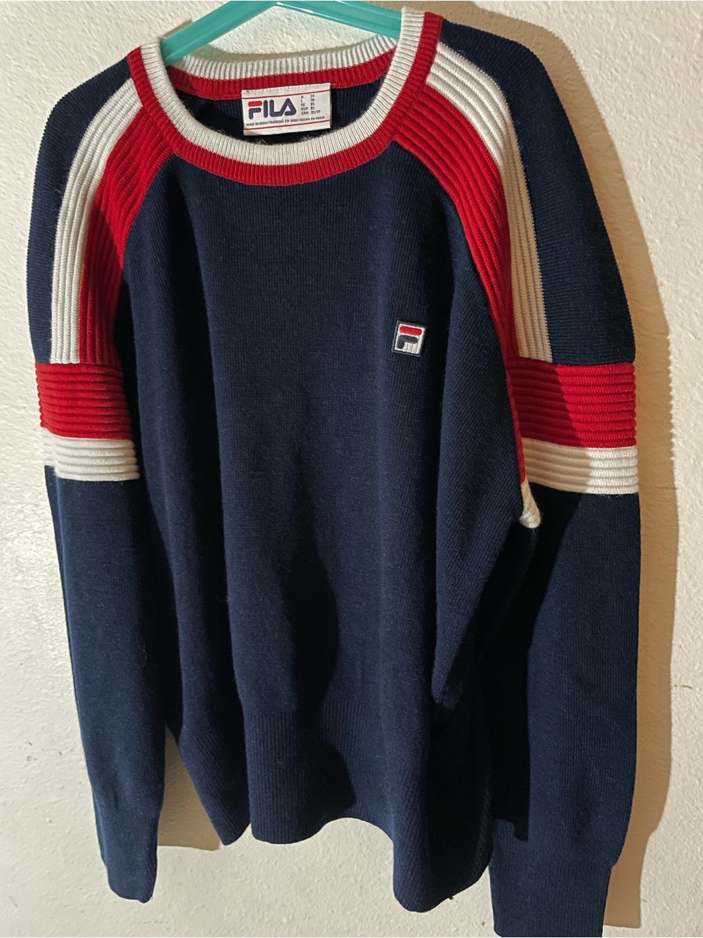 FILA Navy Sweater with Red and White Stripe Accents